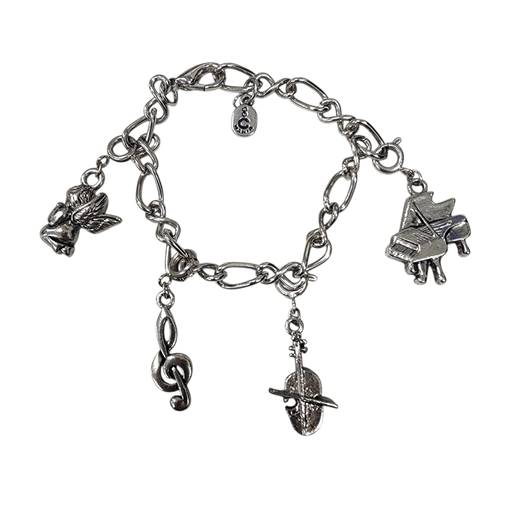 C Mania Silver Music Charm Bracelet Piano Violin Treble Clef Angel Vintage Y2K
